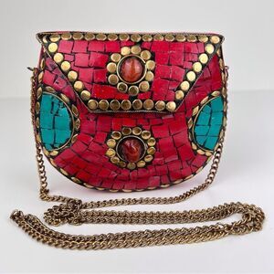 Handmade metal, Gemstone mosaic clutch/boho bag